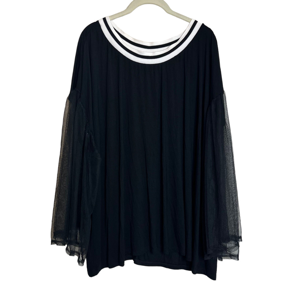 Good Luck Gem Womens Top 3X Black Athletic Rib Trim Tee Mesh Illusion Sleeves